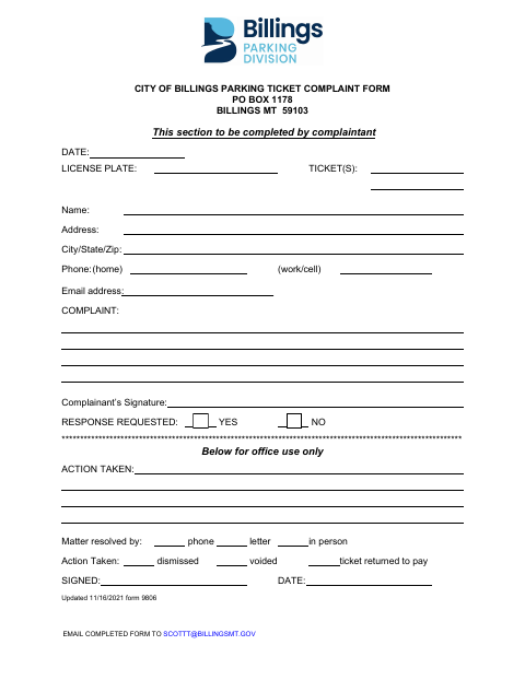 First page of the Parking Ticket Complaint Form