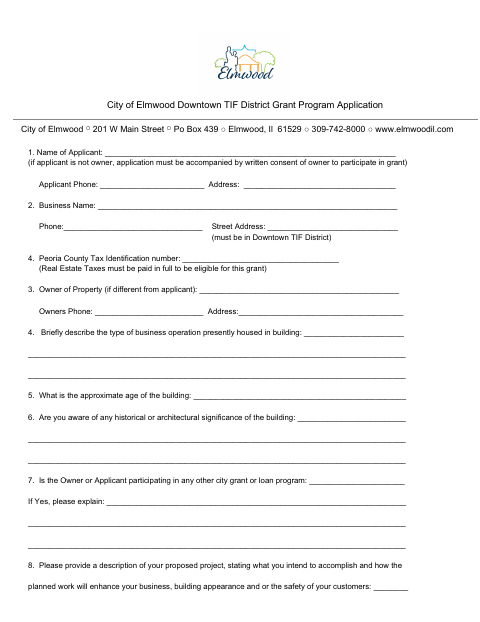 First page of the Downtown TIF District Grant Program Application