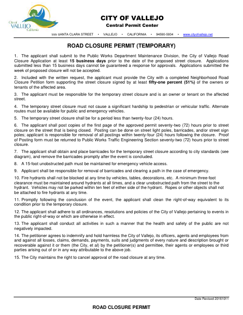 First page of the Road Closure Permit (Temporary)