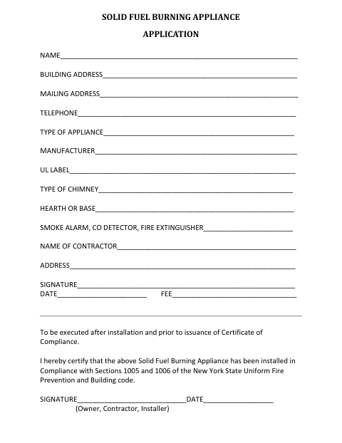 First page of the Solid Fuel Burning Appliance Application