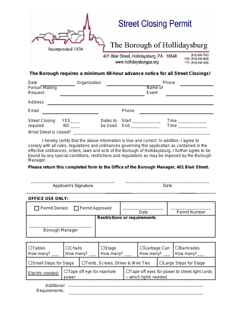 First page of the Request to Close Street for Parade, Public Gathering, Block Party or Construction Activity