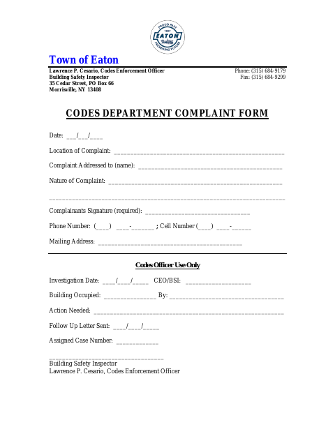 First page of the Codes Department Complaint Form