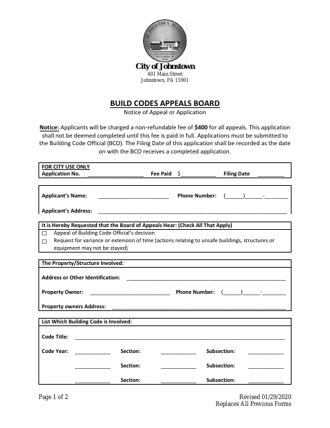 First page of the Building Codes Appeals Board Notice of Appeal or Application