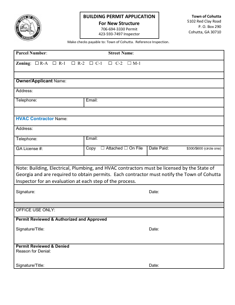 First page of the Building Permit Application for New Structure