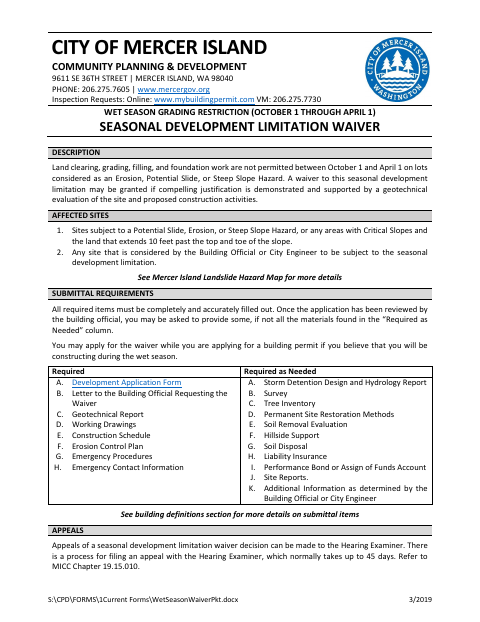 First page of the Seasonal Development Limitation Waiver