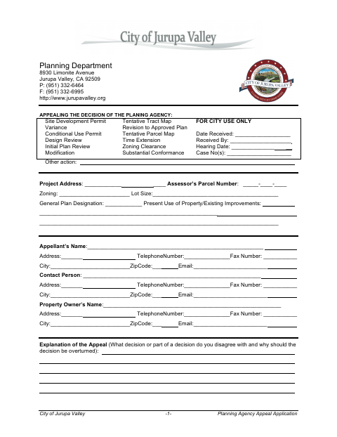 First page of the Planning Agency Appeal Application