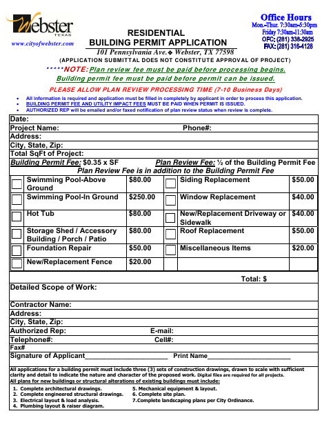 First page of the Residential Building Permit Application