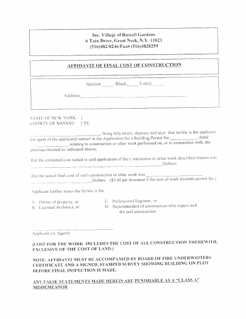 First page of the Affidavit of Final Cost of Construction