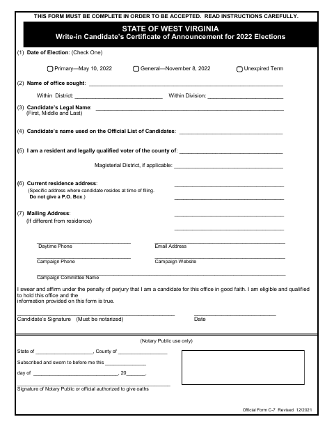First page of the Write-In Candidate Certificate of Announcement