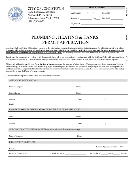 First page of the Plumbing, Heating & Tanks Permit Application
