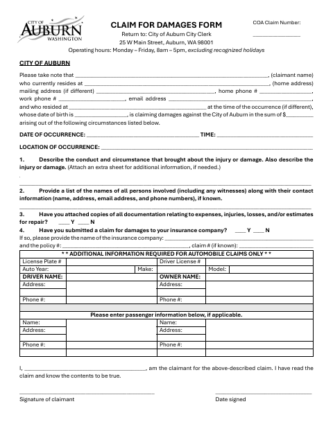 First page of the Claim for Damages Form