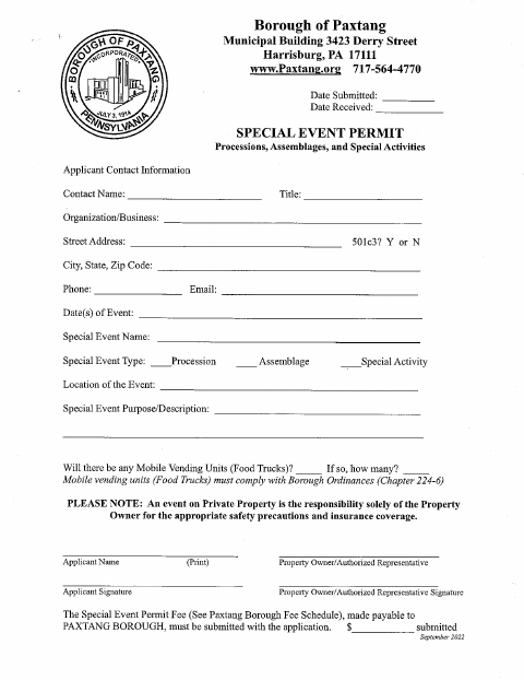 First page of the Special Event Permit for Processions, Assemblages, and Special Activities