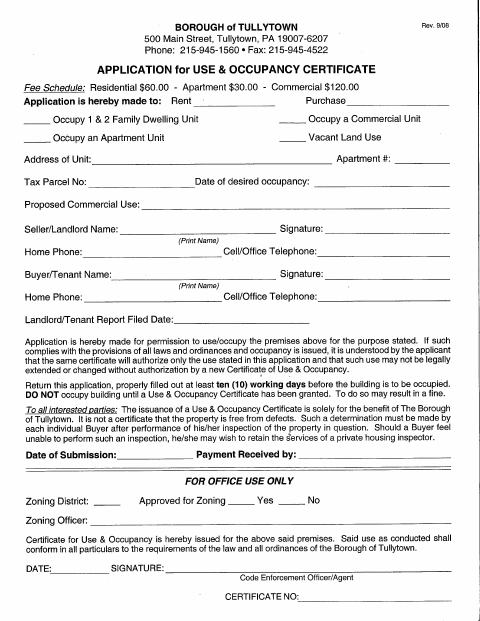 First page of the Use and Occupancy Application and Checklist