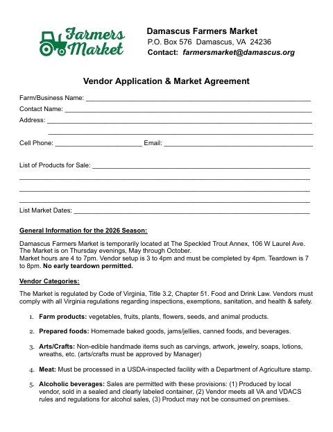 First page of the Vendor Application & Market Agreement