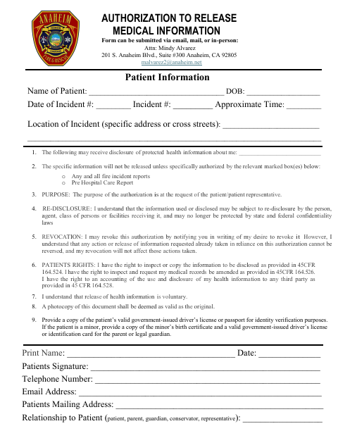 First page of the Authorization to Release Medical Information