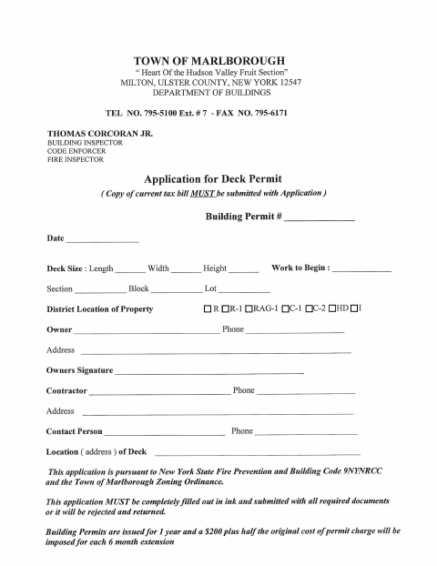 First page of the Application for Deck Permit