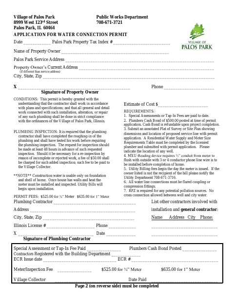 First page of the Water Connection Permit Application