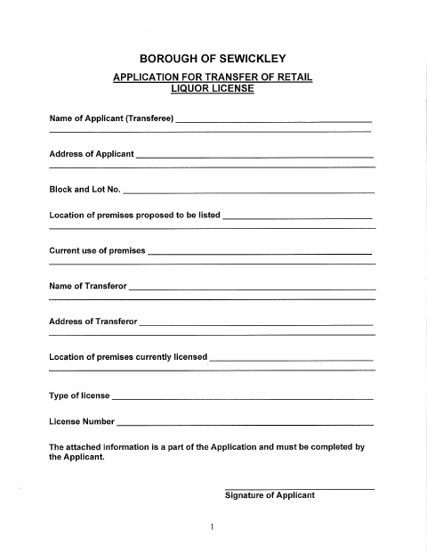 First page of the Liquor License Transfer Application
