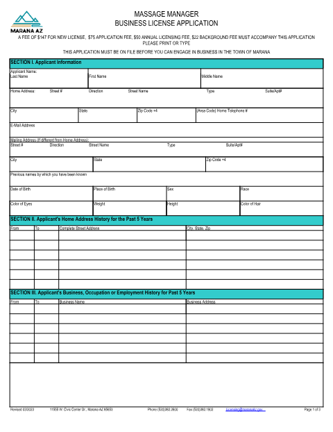 First page of the Massage Manager Business License Application