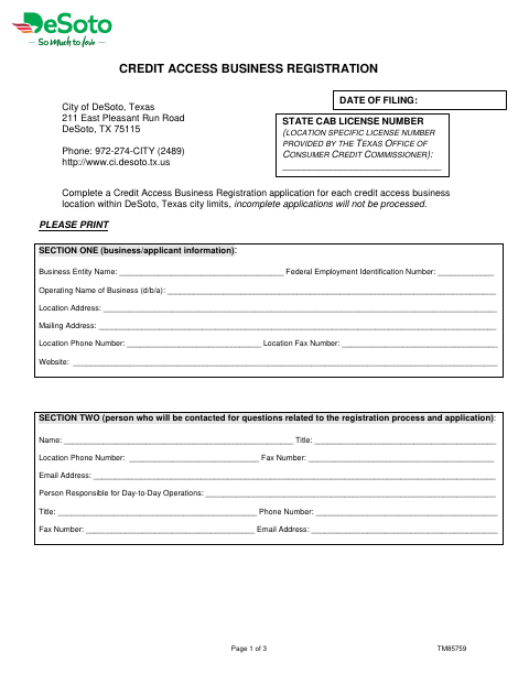 First page of the Credit Access Business Registration