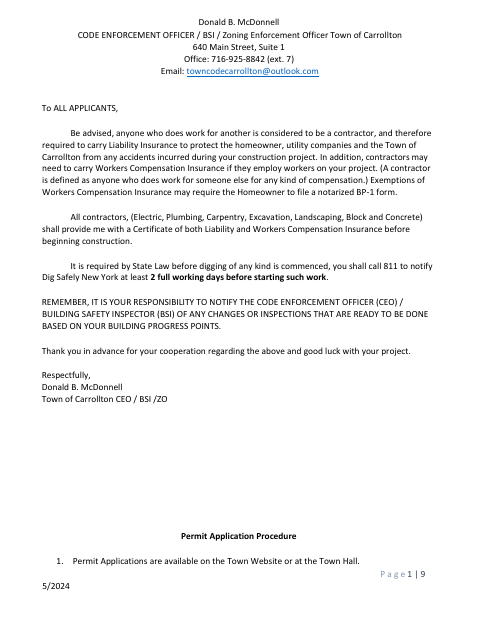 First page of the Building and Zoning Permit Application