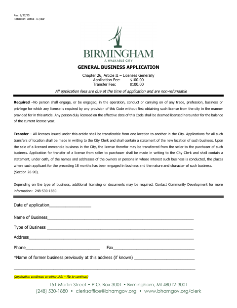 First page of the General Business License Application