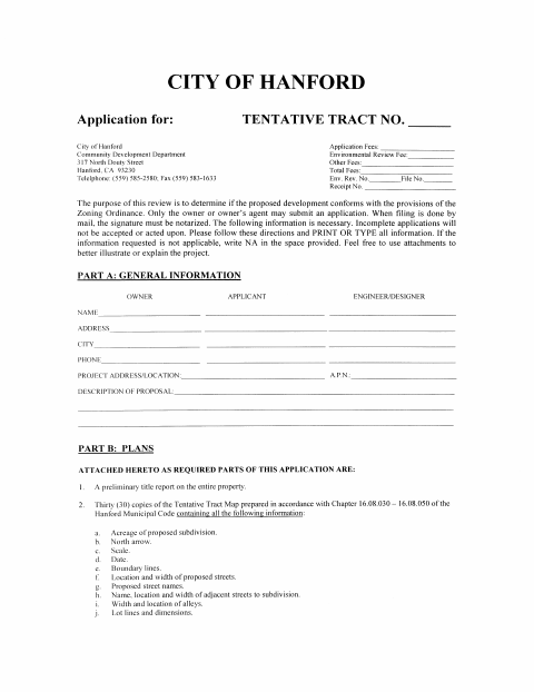 First page of the Tentative Tract Application