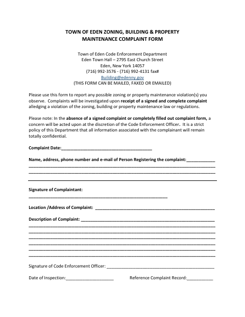First page of the Zoning, Building & Property Maintenance Complaint Form