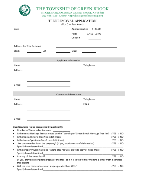 First page of the Tree Removal Application