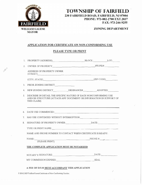 First page of the Application for Certificate on Non-Conforming Use