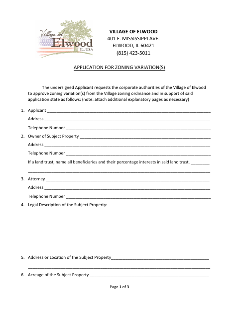 First page of the Application for Zoning Variations