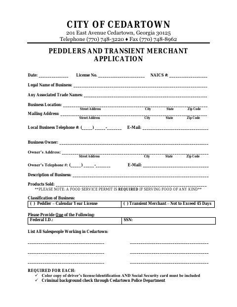 First page of the Peddlers and Transient Merchant Application