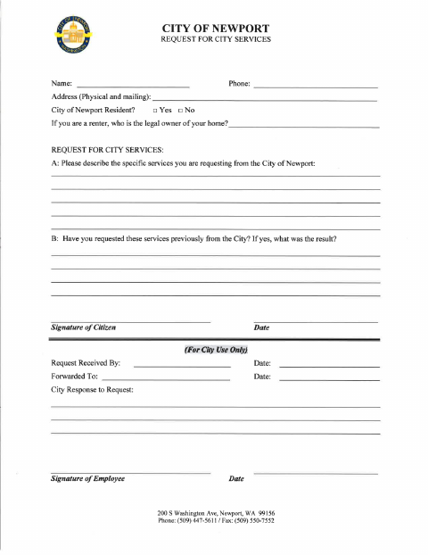 First page of the Request for City Services Form