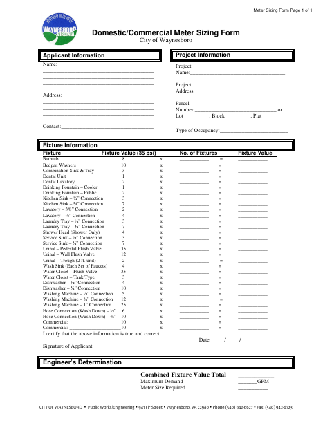 First page of the Domestic/Commercial Meter Sizing Form