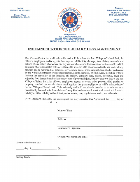 First page of the Indemnification Hold Harmless Agreement