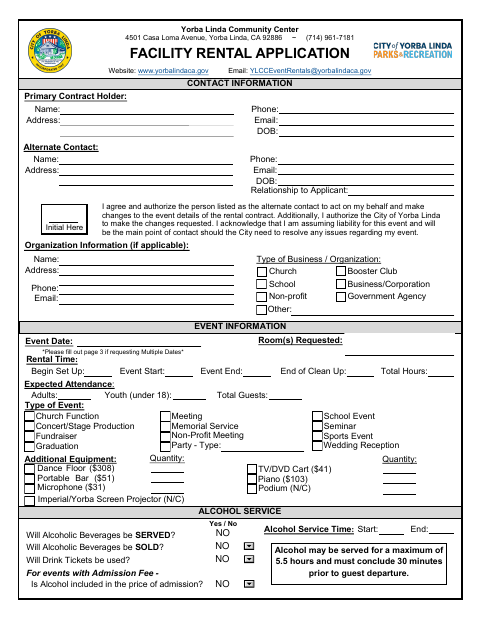 First page of the Facility Rental Application
