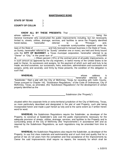 First page of the Maintenance Bond