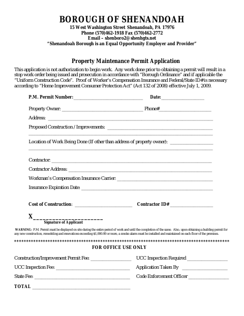 First page of the Property Maintenance Permit Application