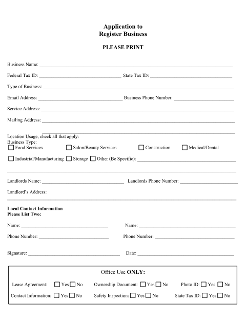 First page of the Application to Register Business