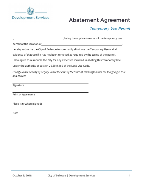 First page of the Abatement Agreement Temporary Use Permit