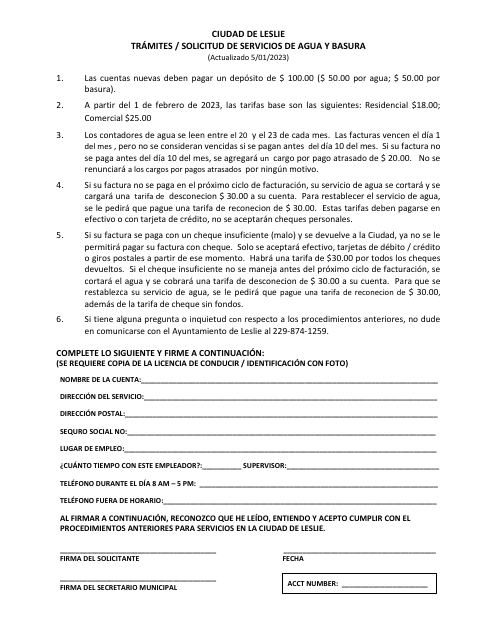 First page of the Water and Garbage Service Application