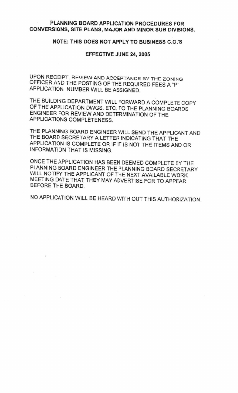 First page of the Planning Board Subdivision Application