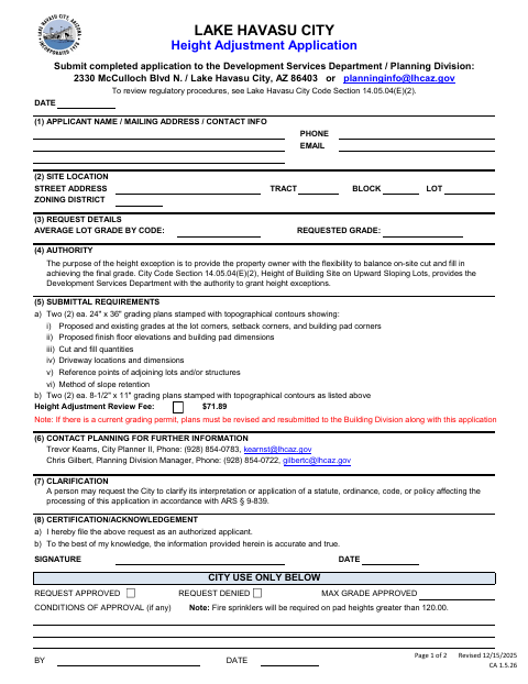 First page of the Height Adjustment Application