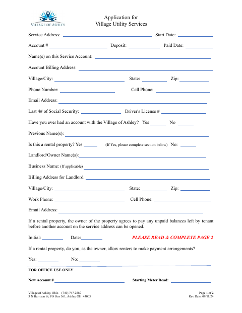 First page of the Application for Village Utility Services