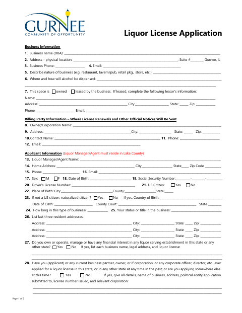 First page of the Liquor License Application