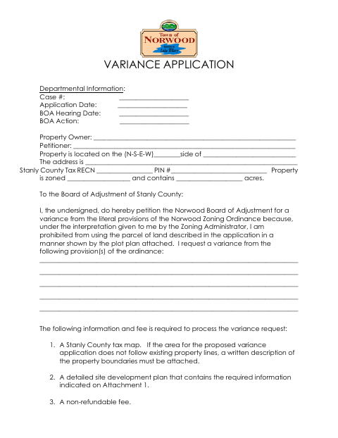 First page of the Variance Application
