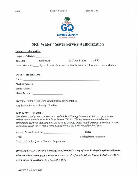 First page of the SRU Water/Sewer Service Authorization