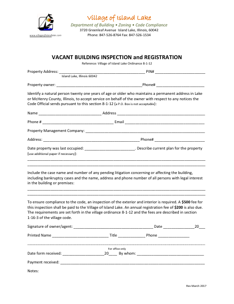 First page of the Vacant Building Inspection and Registration