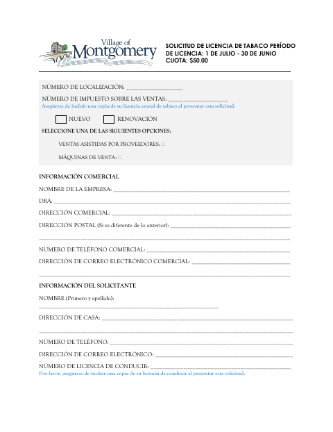 First page of the Tobacco License Application (Spanish)