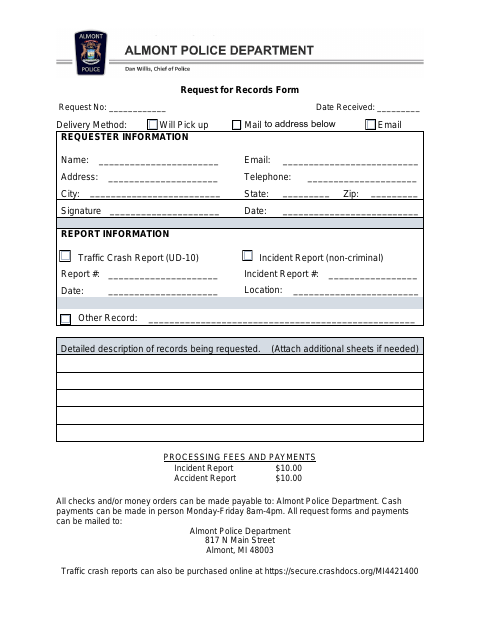 First page of the Request for Records Form